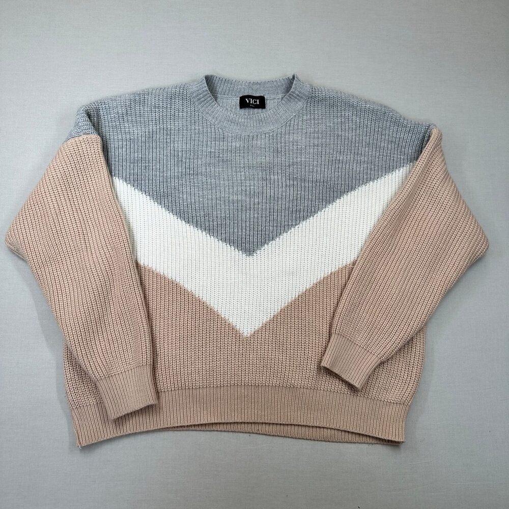 Coastal Prep Vici Chevron Color Block Sweater Gray Blush S